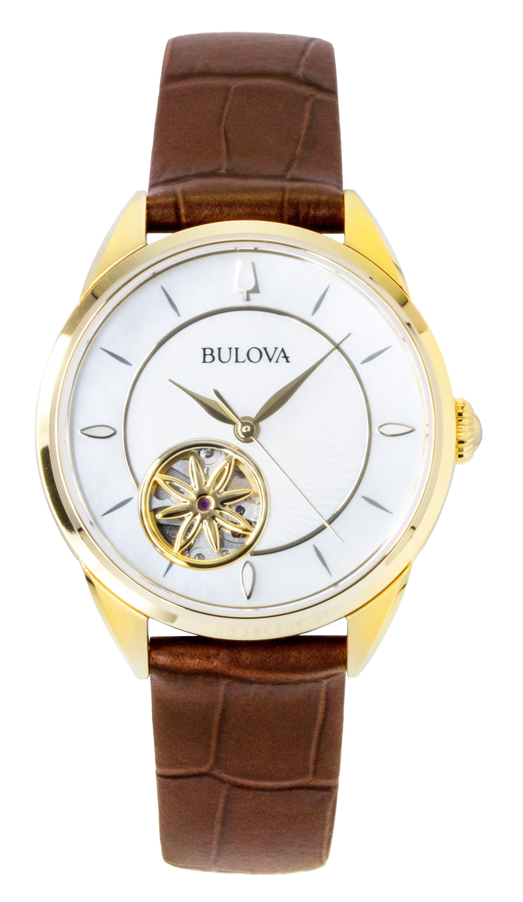 Bulova Sutton Leather Strap Open Heart Mother Of Pearl Dial Automatic 97L179 Women's Watch