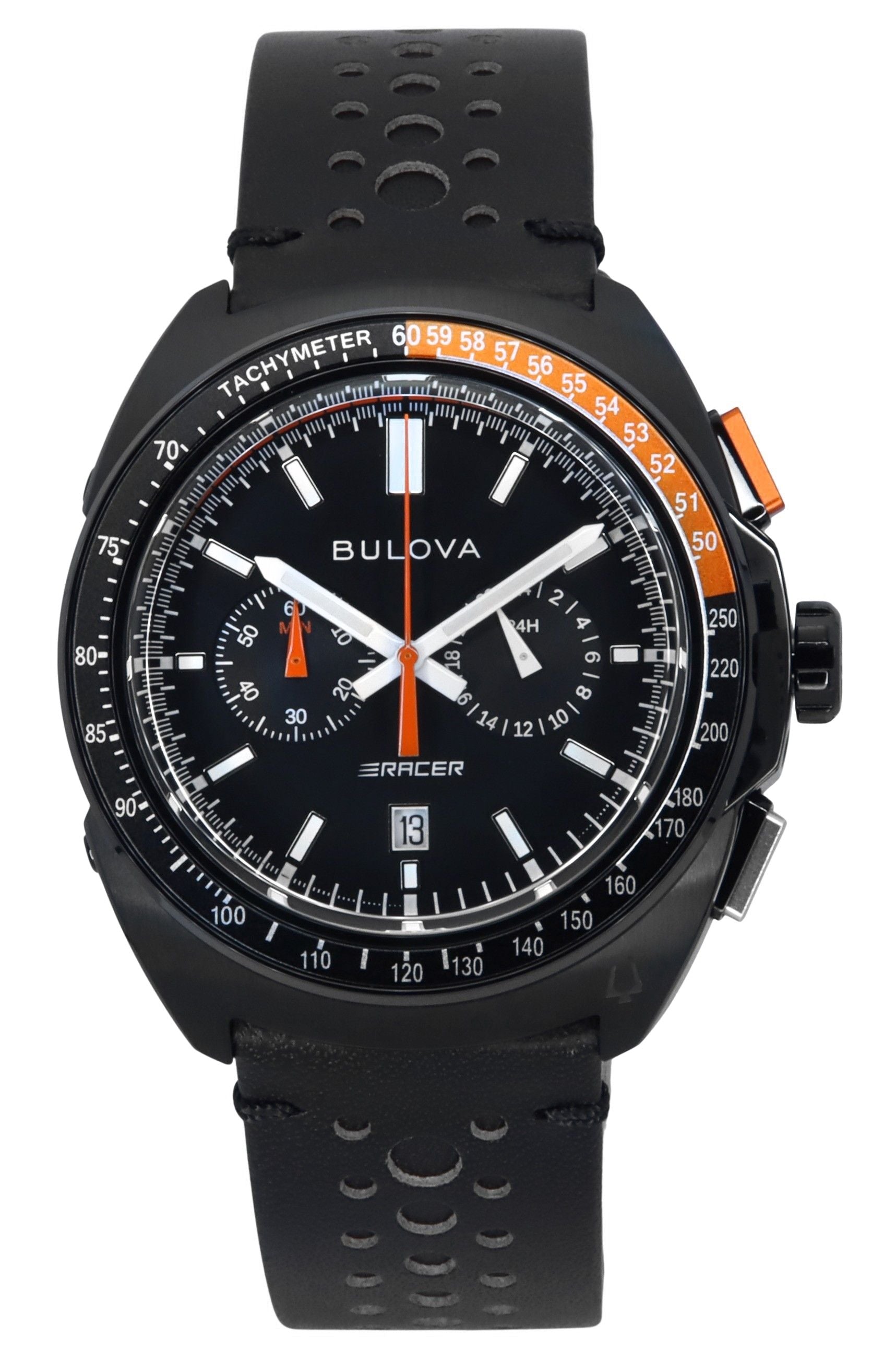 Bulova Racer Chronograph Leather Strap Black Dial Quartz 98B428 100M Men's Watch