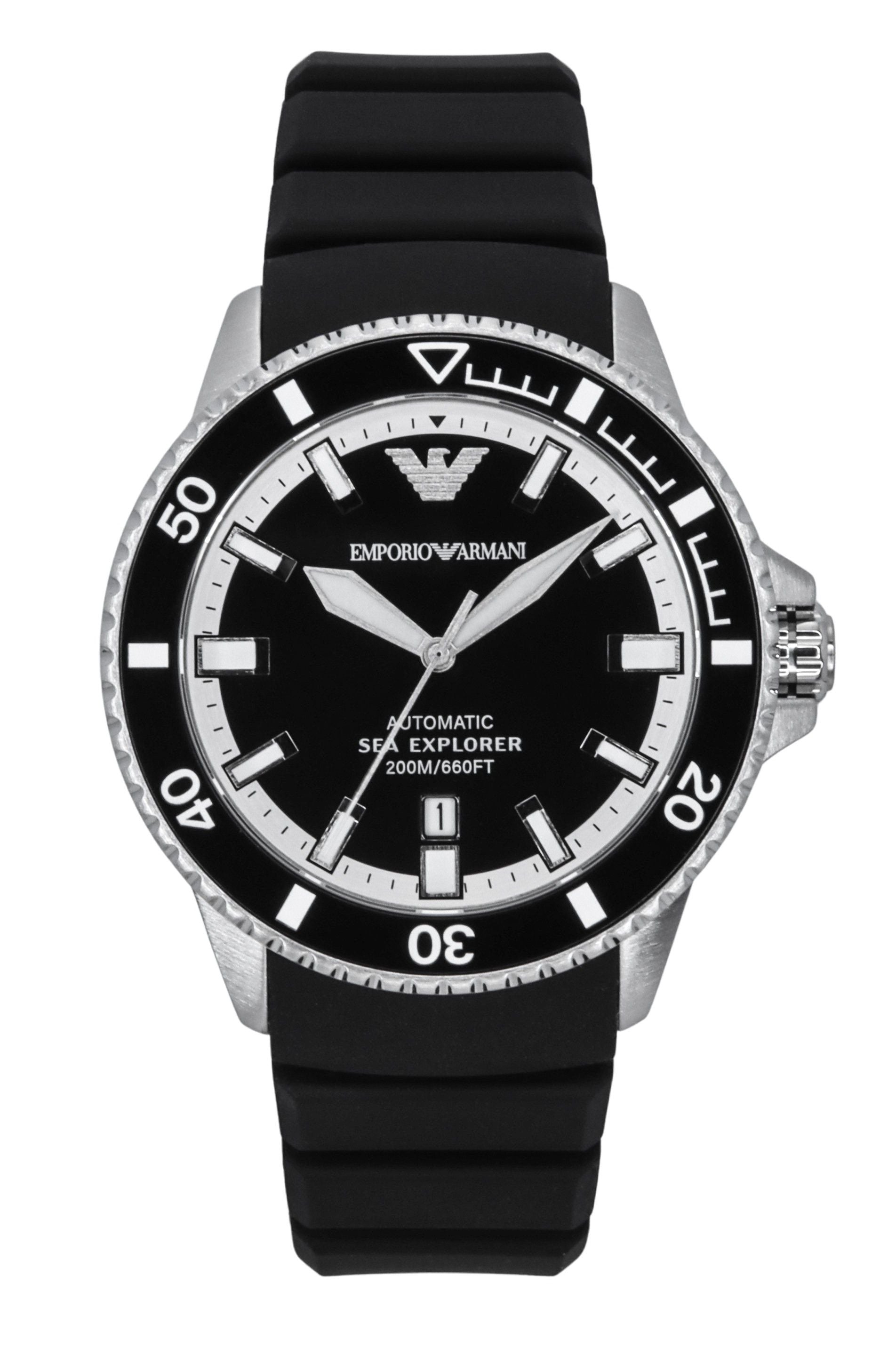 Emporio Armani Sea Explorer Silicone Strap Black Dial Automatic Diver's AR60078 200M Men's Watch