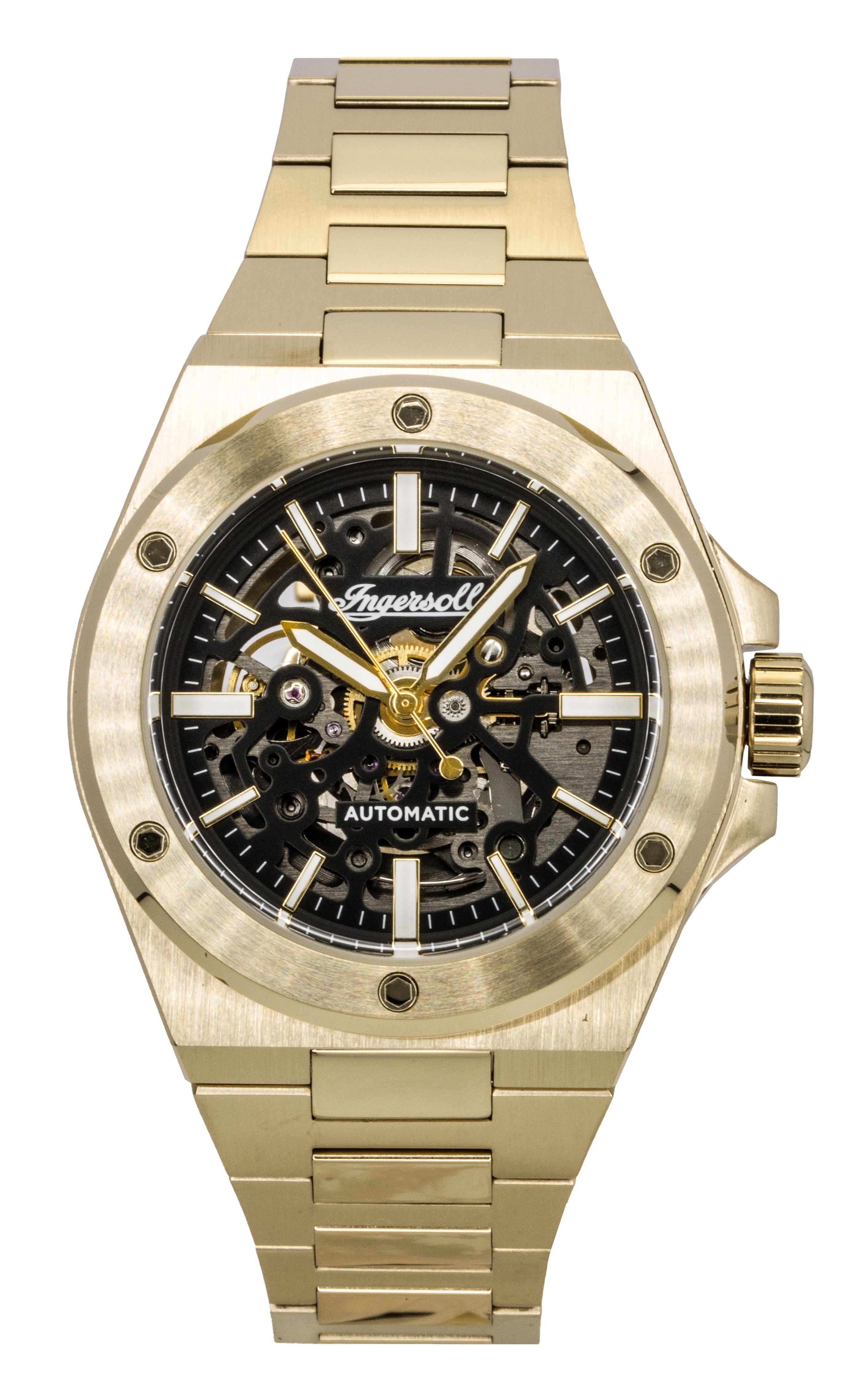 Ingersoll The Baller Gold Tone Stainless Steel Black Skeleton Dial Automatic I15001 Men's Watch
