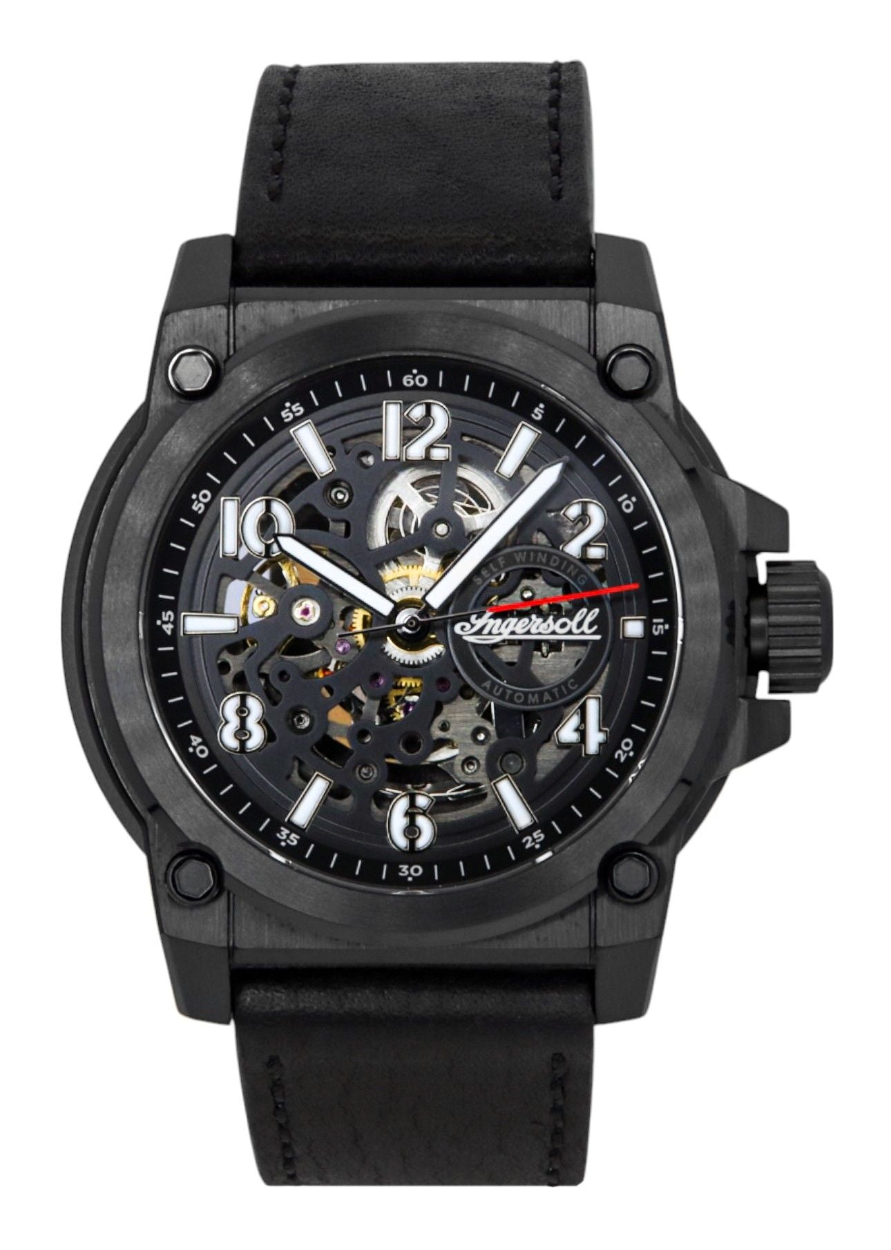 Ingersoll The Anvil Leather Strap Black Skeleton Dial Automatic I16602 Men's Watch