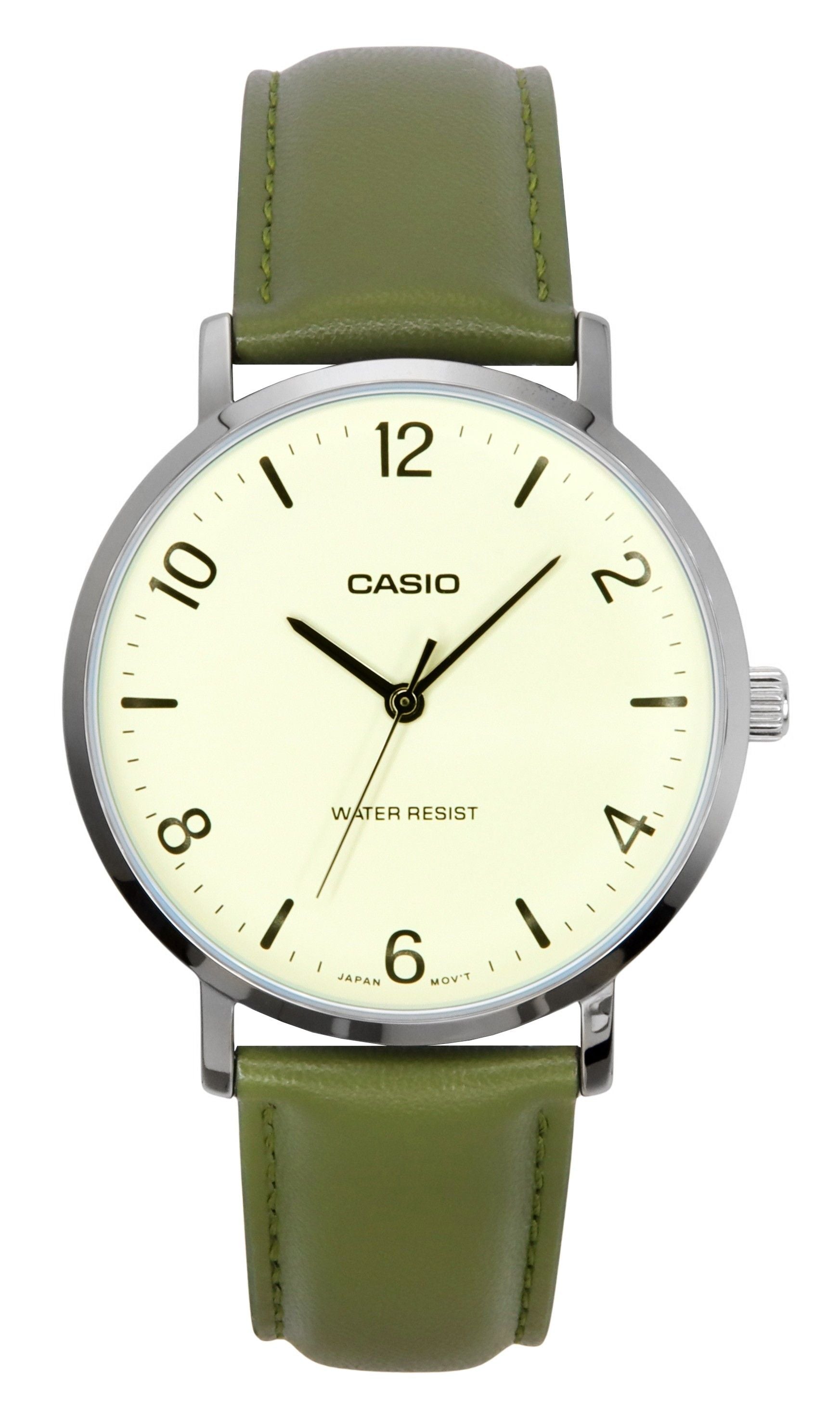 Casio Standard Analog Green Leather Strap White Dial Quartz MTP-VT03L-7B Men's Watch