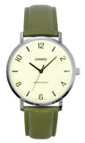 Casio Standard Analog Green Leather Strap White Dial Quartz MTP-VT03L-7B Men's Watch