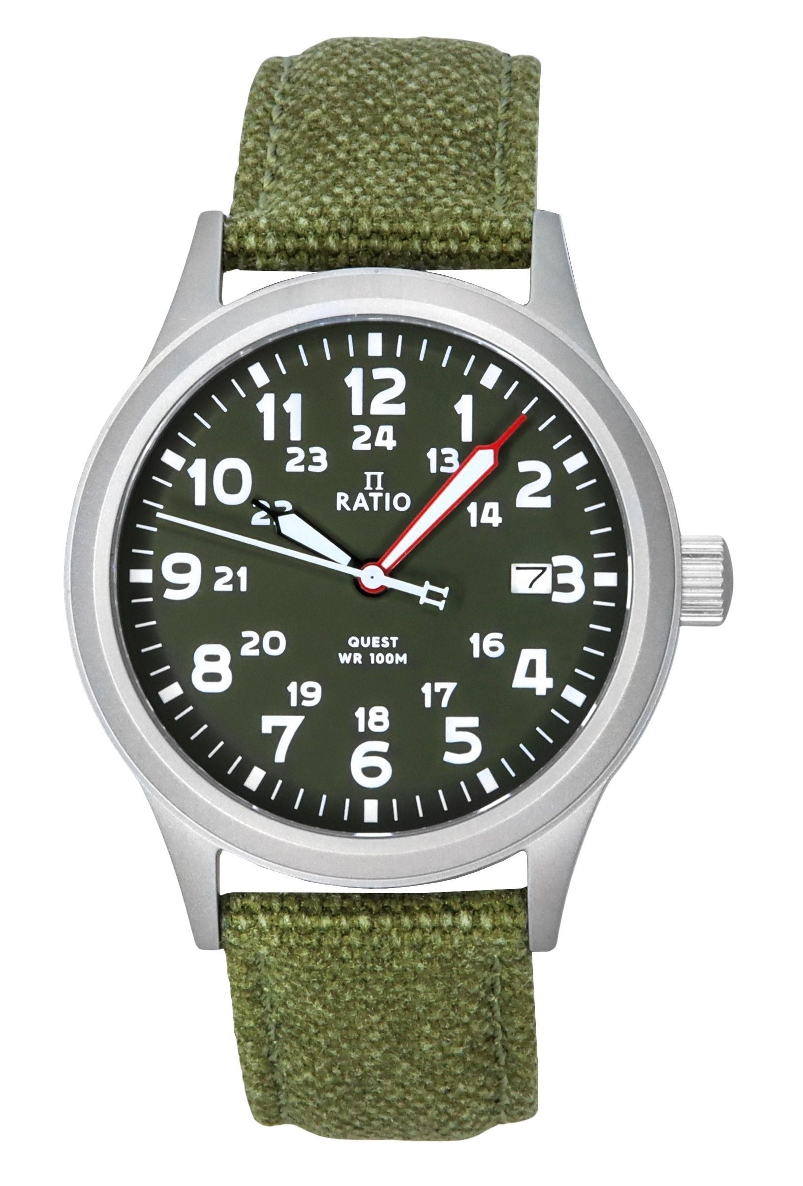 Ratio Quest Men's Field Watch Sapphire Canvas Strap Khaki Green Dial Quartz RTQ029 100M Lewis And Clark Edition