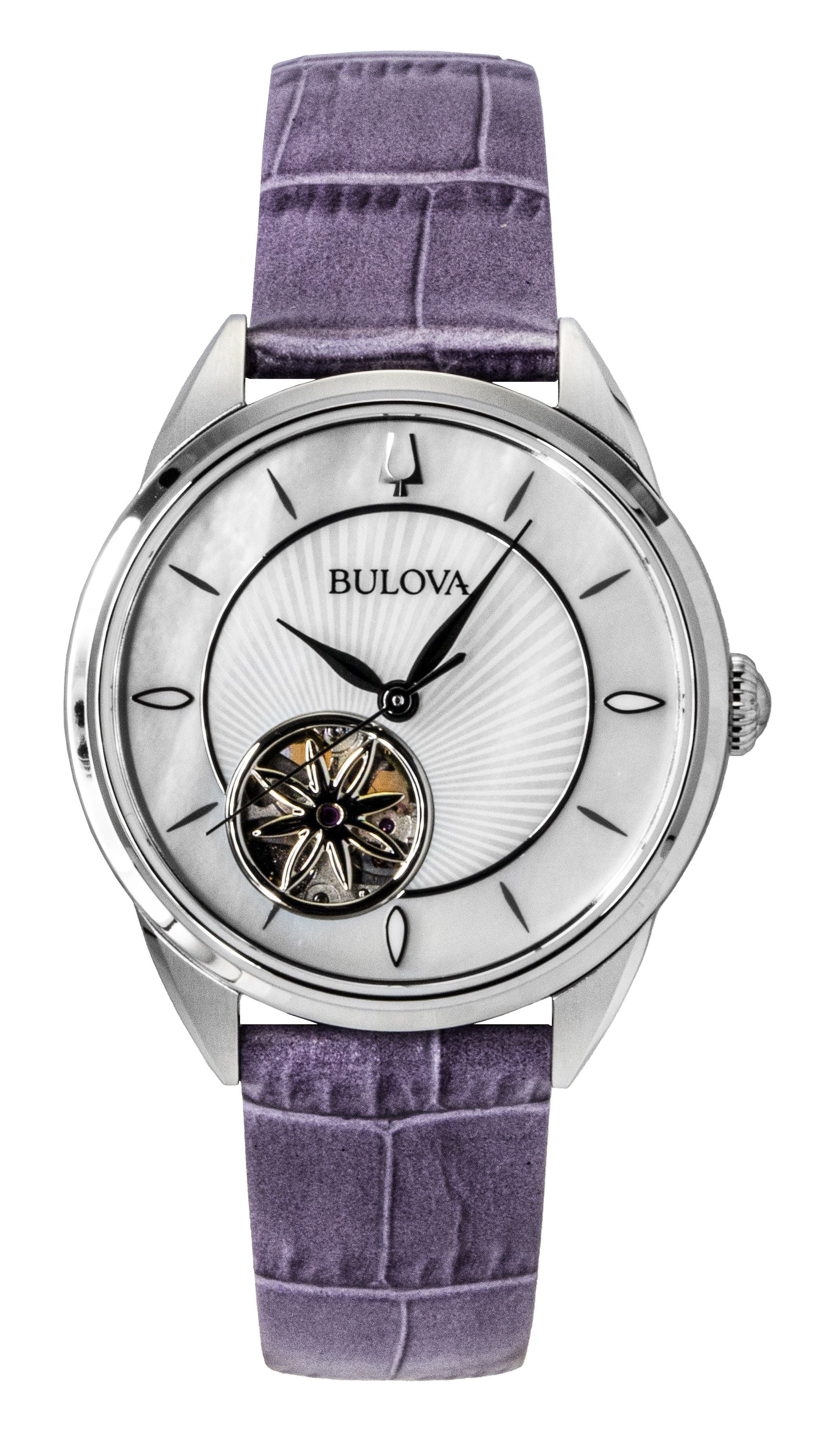 Bulova Sutton Leather Strap Open Heart Mother Of Pearl Dial Automatic 96L339 Women's Watch
