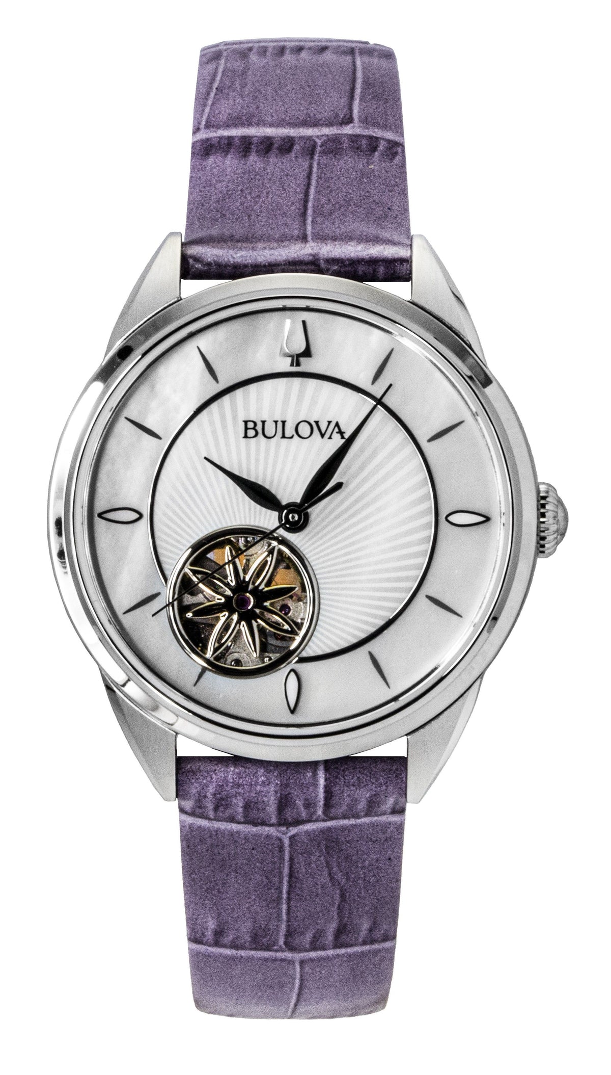 Bulova Sutton Leather Strap Open Heart Mother Of Pearl Dial Automatic 96L339 Women's Watch