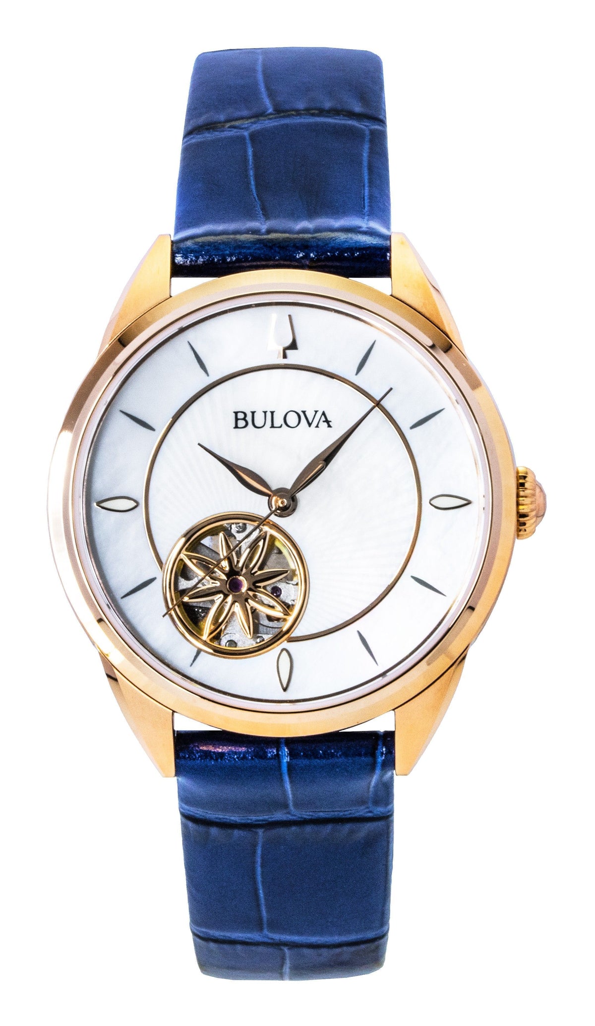 Bulova Sutton Leather Strap Open Heart Mother Of Pearl Dial Automatic 97L180 Women's Watch