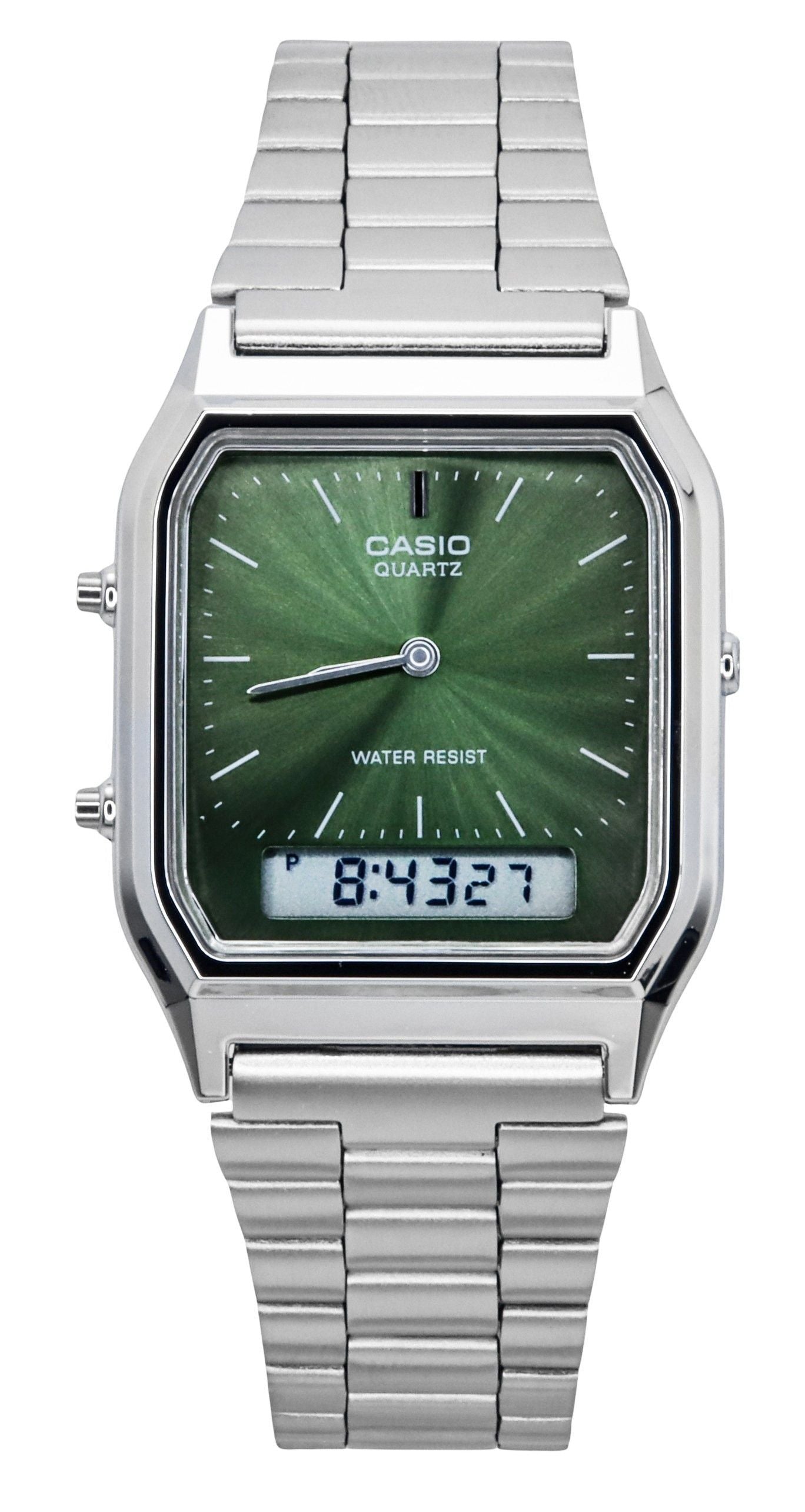 Casio Vintage Analog Digital Green Dial Dual Time Quartz AQ-230A-3AMQY Unisex Watch