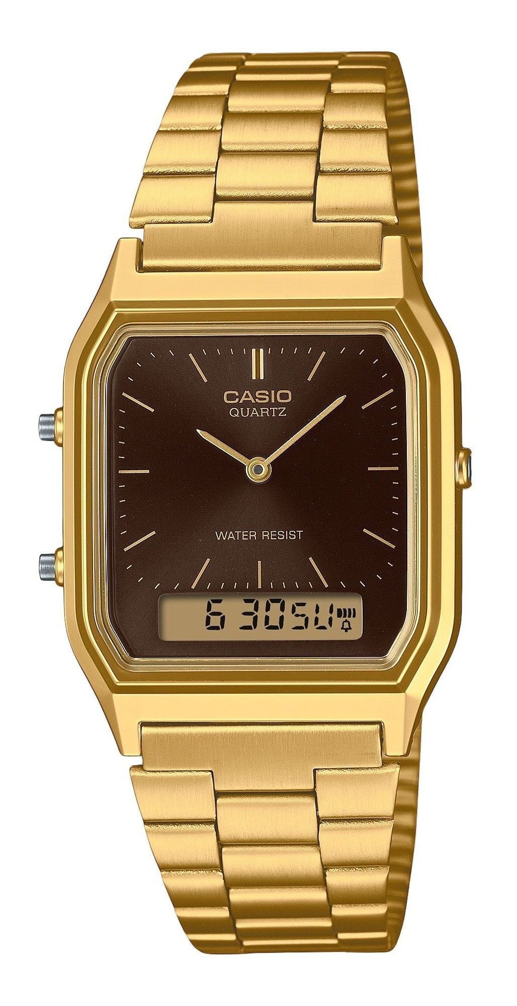 Casio Vintage Analog Digital Gold Tone Stainless Steel Brown Dial Quartz AQ-230GA-5A Unisex Watch