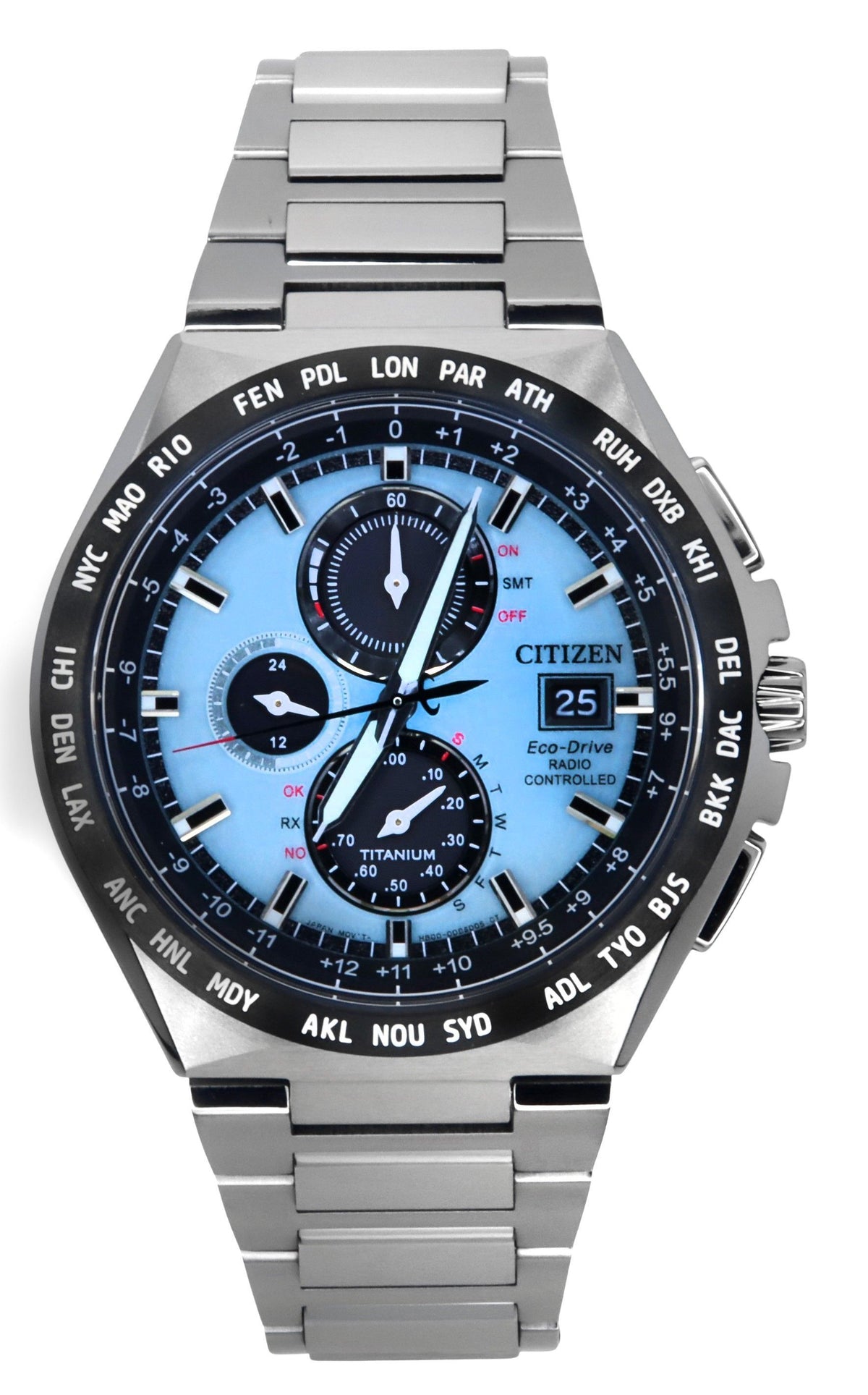 Citizen Eco-Drive Radio Controlled GMT Chronograph Super Titanium Light Blue Dial AT8238-84M 100M Men's Watch