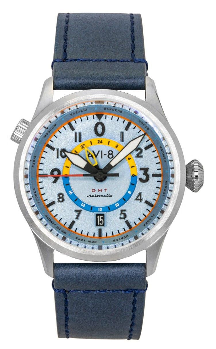 AVI-8 Flyboy Wingman Worldtimer GMT Leather Strap Power Blue Dial Automatic AV-4120-03 Men's Watch With Extra Strap
