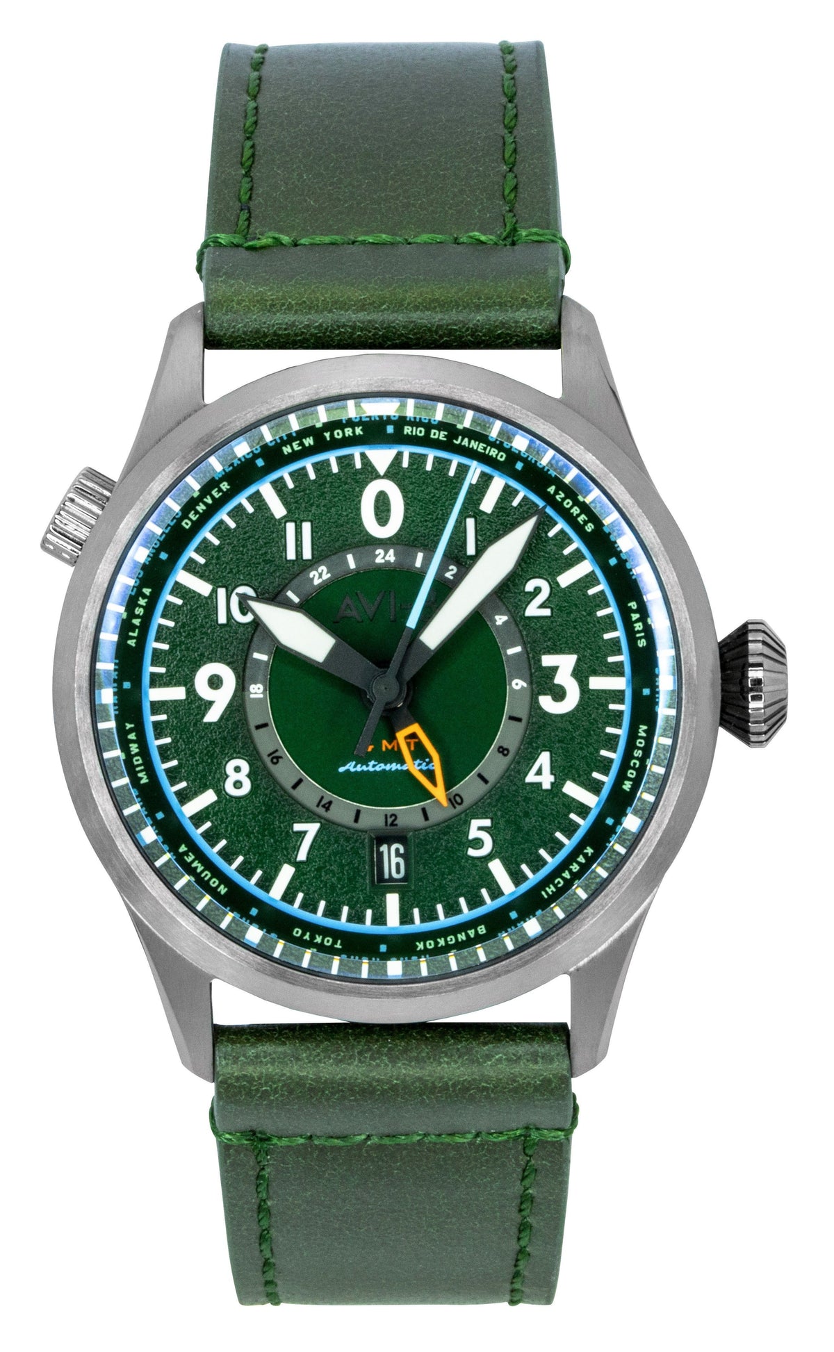 AVI-8 Flyboy Wingman Worldtimer GMT Leather Strap Green Dial Automatic AV-4120-05 Men's Watch