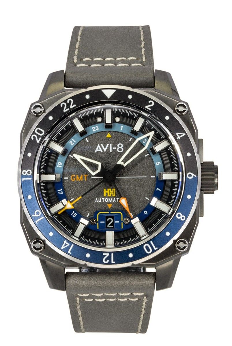 AVI-8 Hawker Hunter Atlas GMT Leather Strap Mist Grey Dial Automatic AV-4122-04 Men's Watch