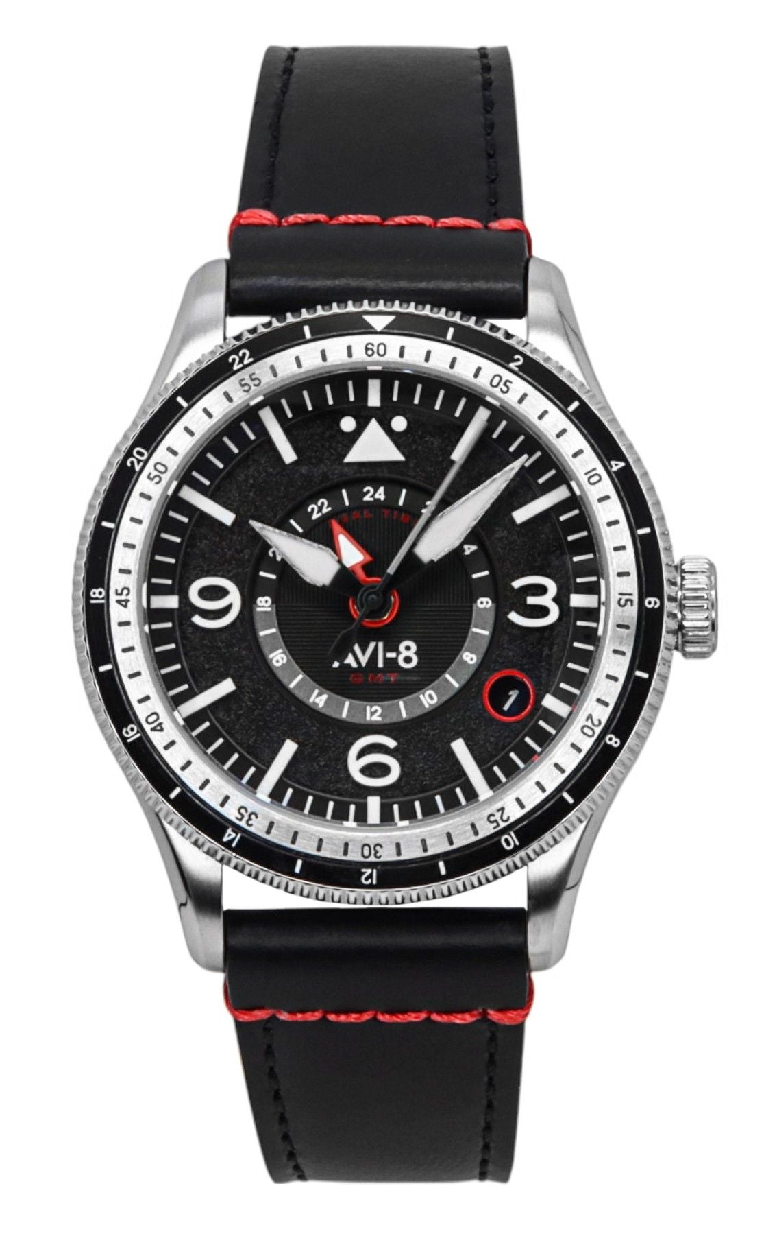 AVI-8 Flyboy Airmaster GMT Leather Strap Engine Black Dial Automatic AV-4128-01 Men's Watch