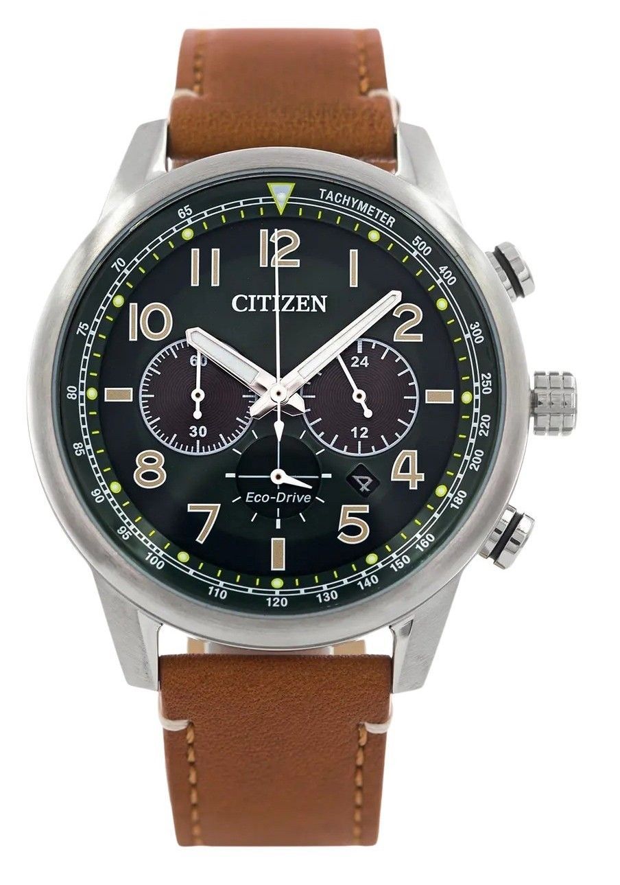 Citizen Eco-Drive Chronograph Leather Strap Green Dial CA4420-21X 100M Men's Watch