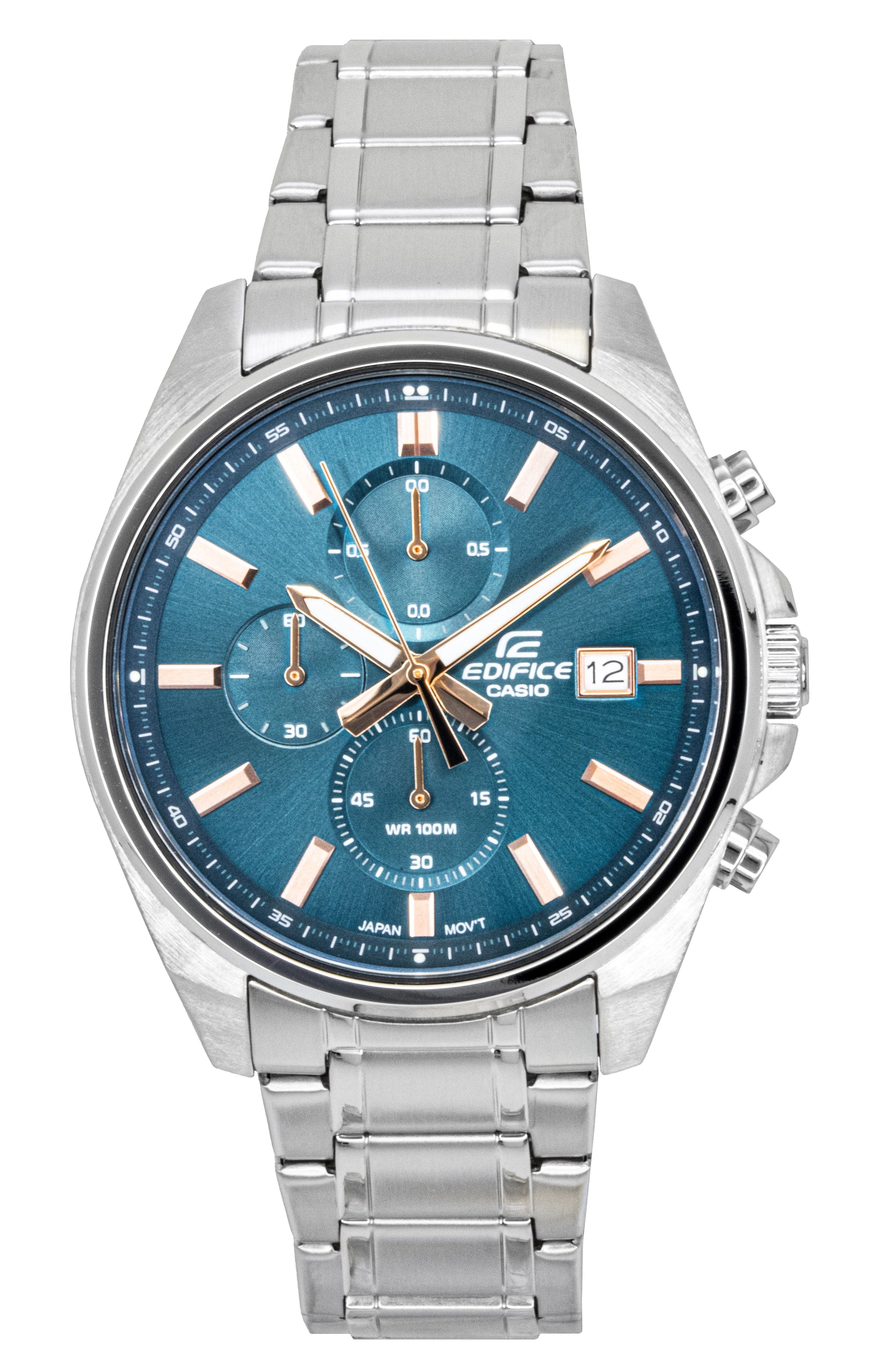 Casio Edifice Analog Standard Chronograph Stainless Steel Turquoise Dial Quartz EFV-610DE-2A 100M Men's Watch