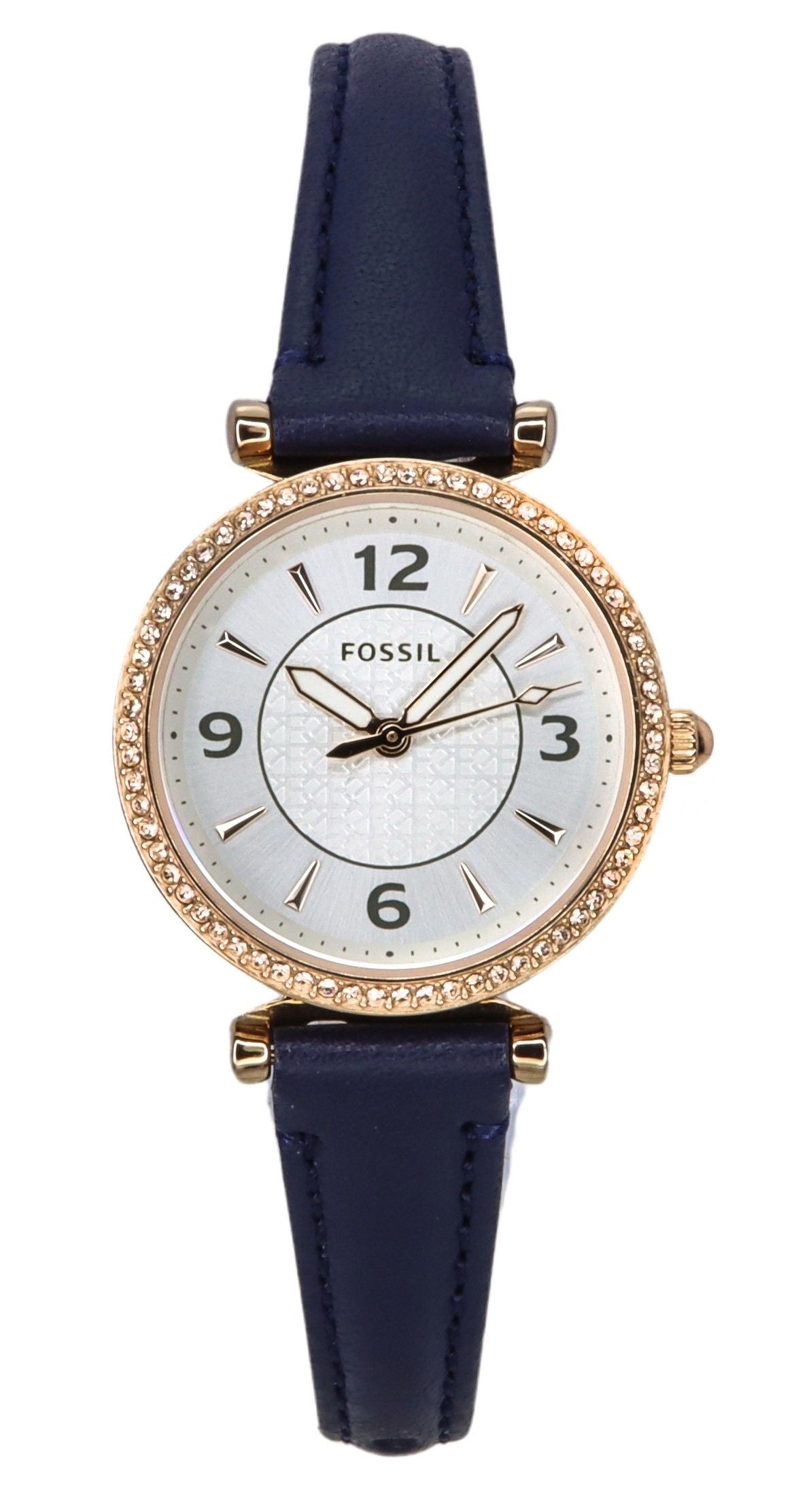 Fossil Carlie Crystal Accents Silver Dial Navy LiteHide Leather Quartz ES5295 Women's Watch