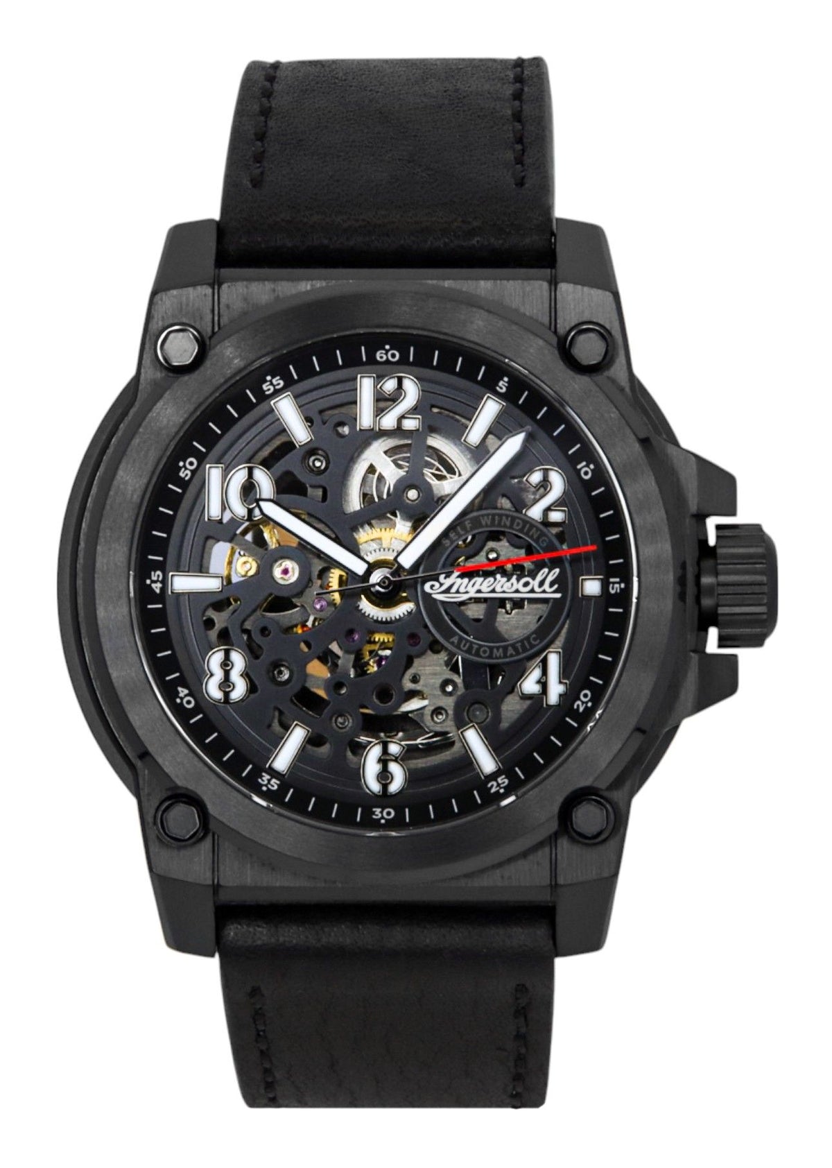 Ingersoll The Anvil Leather Strap Black Skeleton Dial Automatic I16602 Men's Watch