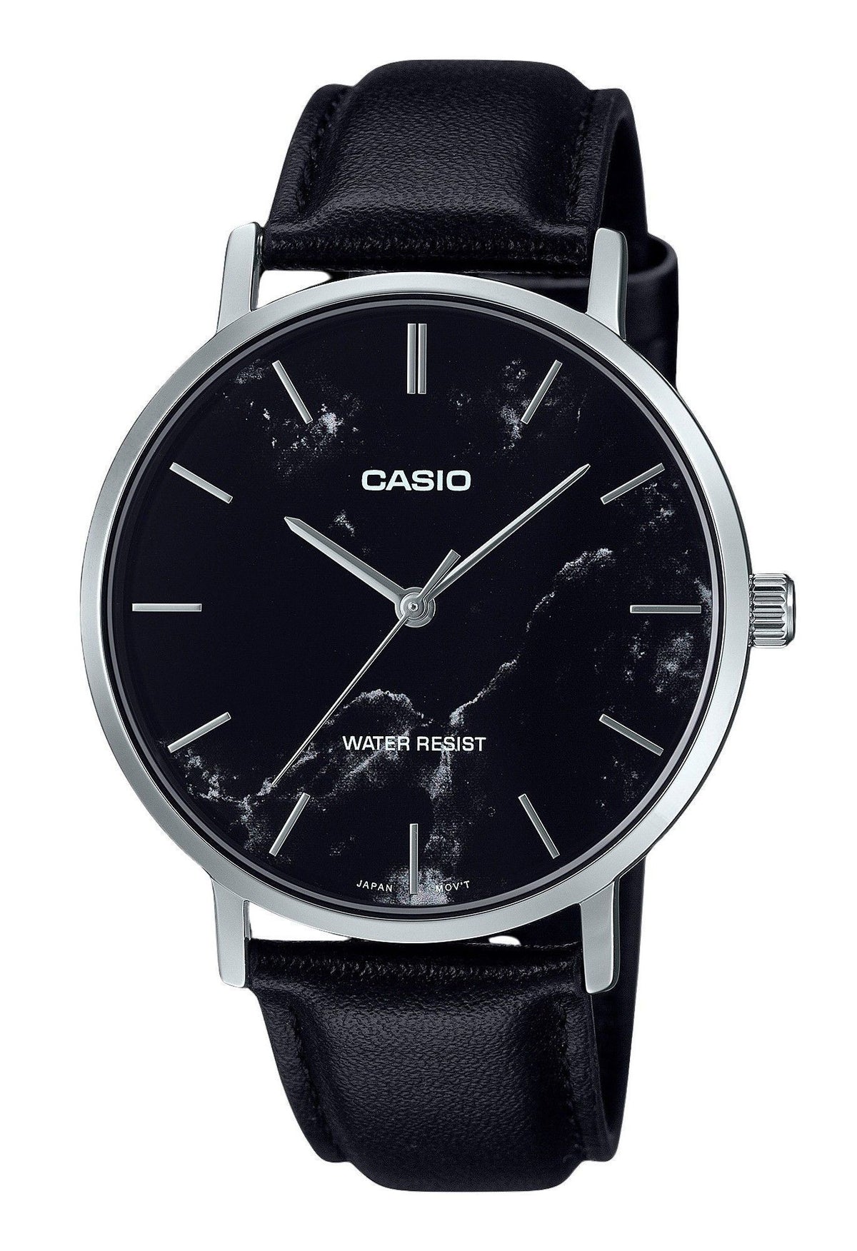 Casio Standard Analog Black Leather Strap Marble Inspired Black Dial Quartz MTP-VT01LM-1A Men's Watch