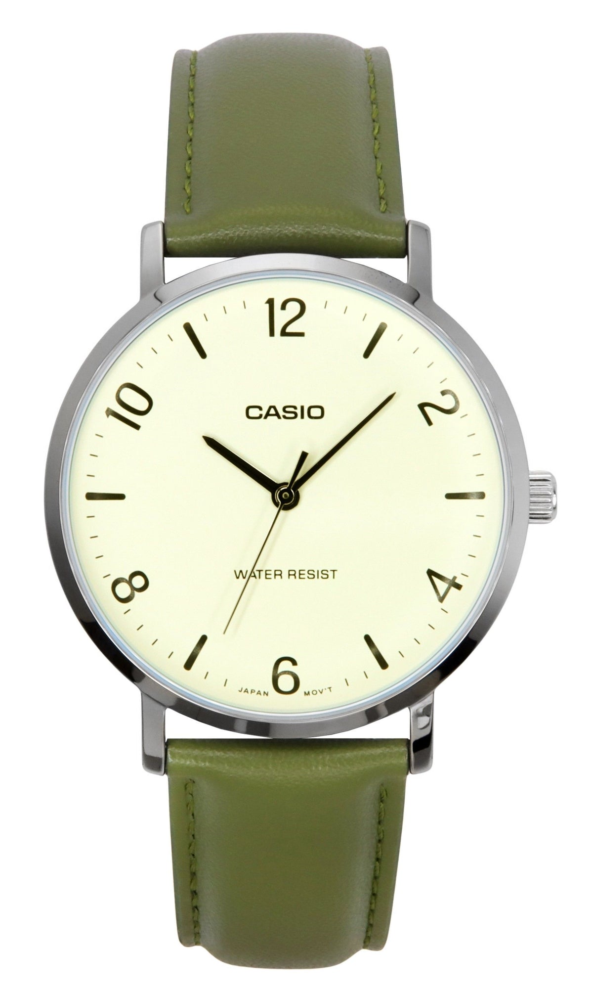 Casio Standard Analog Green Leather Strap White Dial Quartz MTP-VT03L-7B Men's Watch