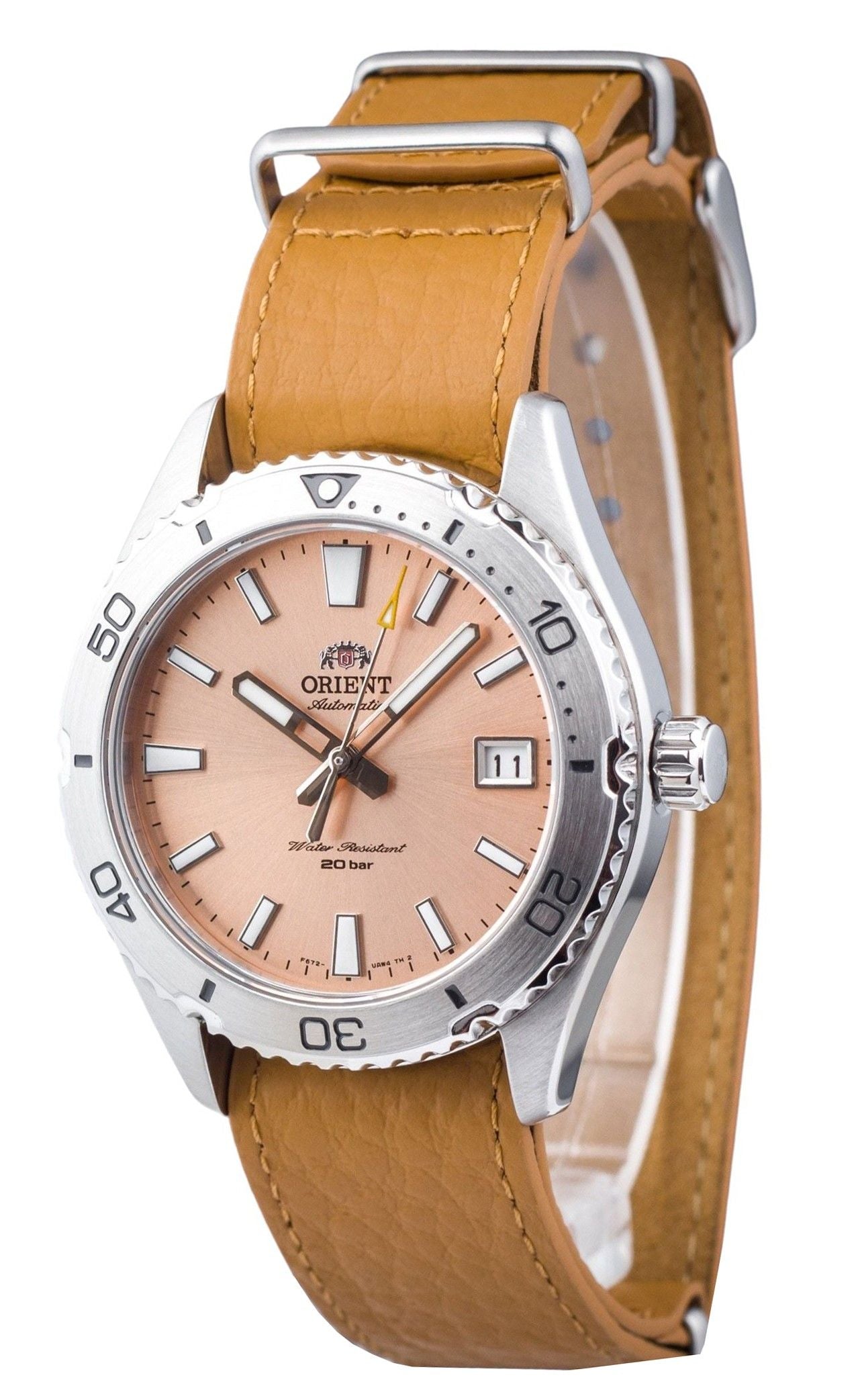 Orient Sports Leather Strap Apricot Dial Automatic Diver's RA-AC0Q05P10B RA-AC0Q05P30B 200M Men's Watch
