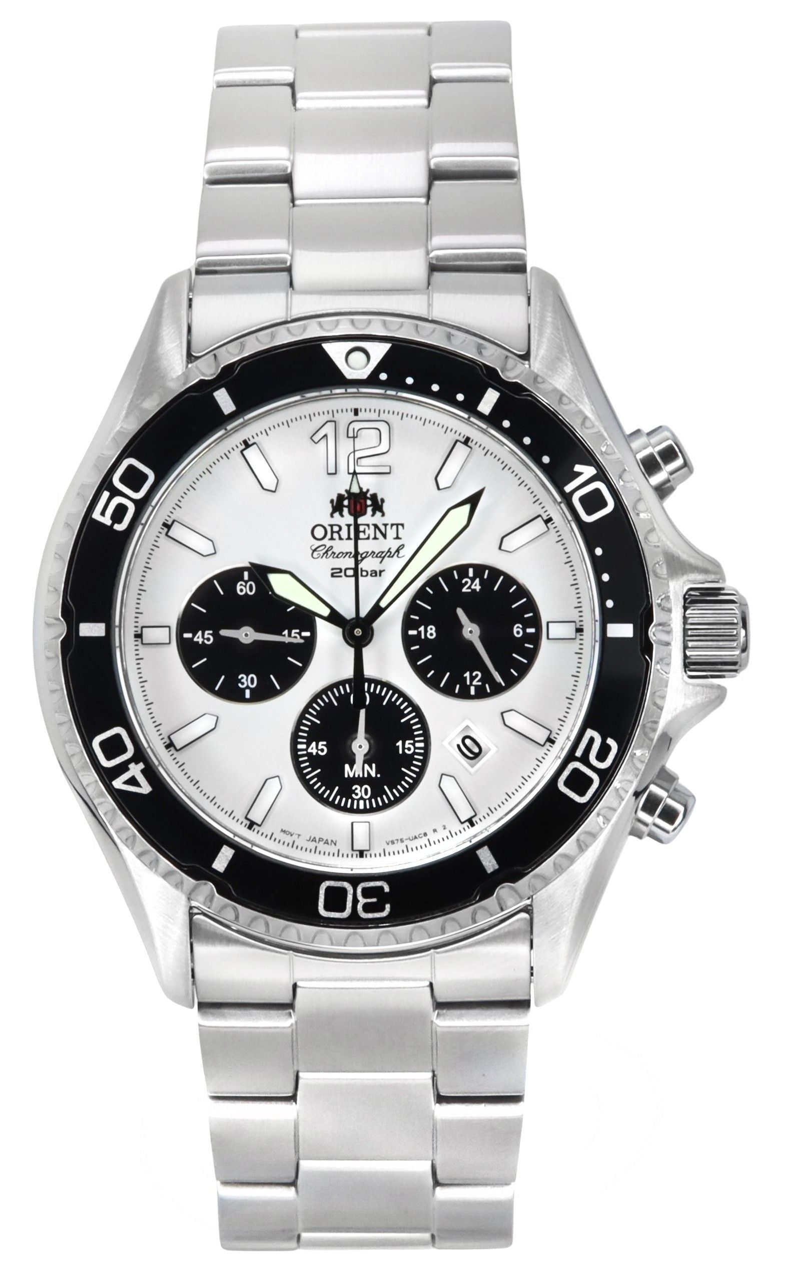 Orient Sports Panda Chronograph Stainless Steel White Dial Solar Diver's RA-TX0203S10B 200M Men's Watch