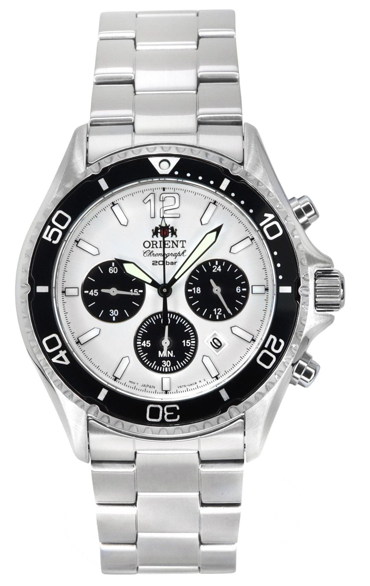 Orient Sports Panda Chronograph Stainless Steel White Dial Solar Diver's RA-TX0203S10B 200M Men's Watch