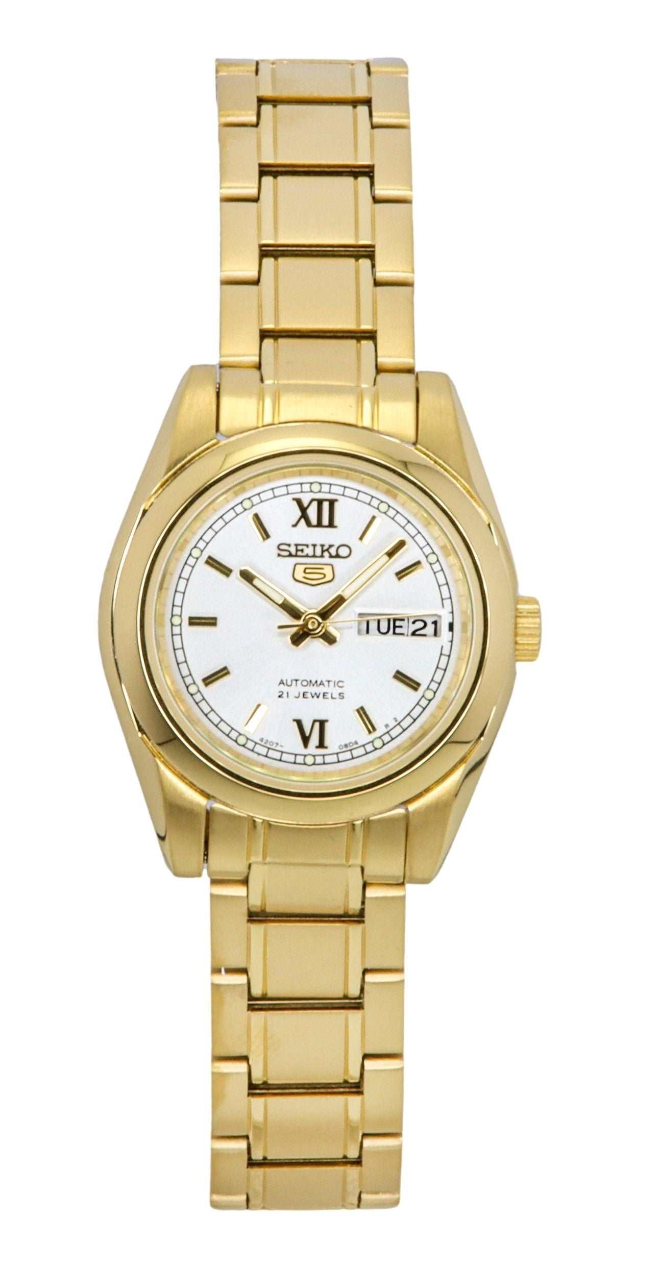 Seiko 5 Gold Tone Stainless Steel White Dial Automatic SYMK30K1 100M Women's Watch