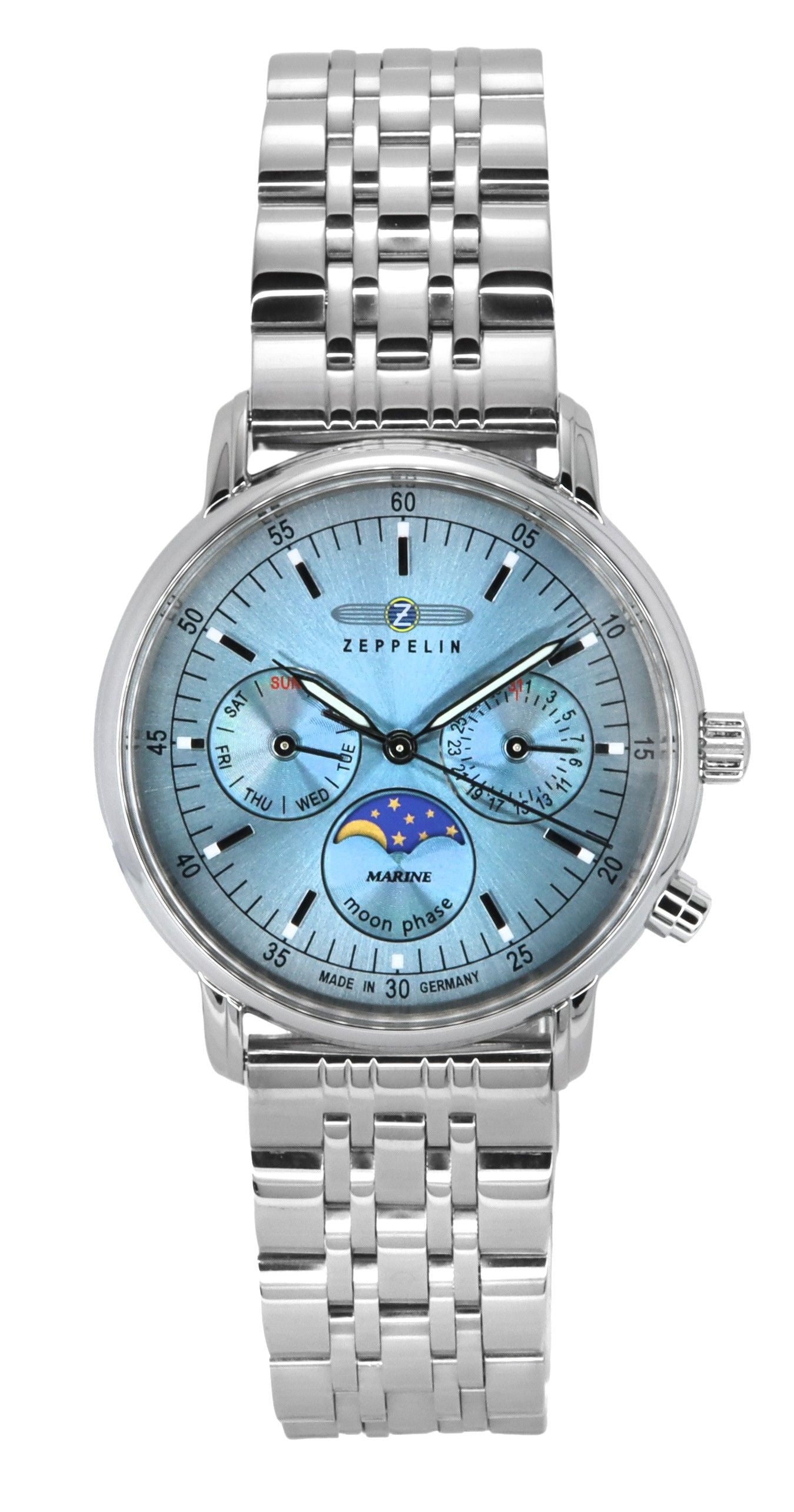 Zeppelin LZ14 Marine Moonphase Stainless Steel Ice Blue Dial Quartz 8637M3 Women's Watch