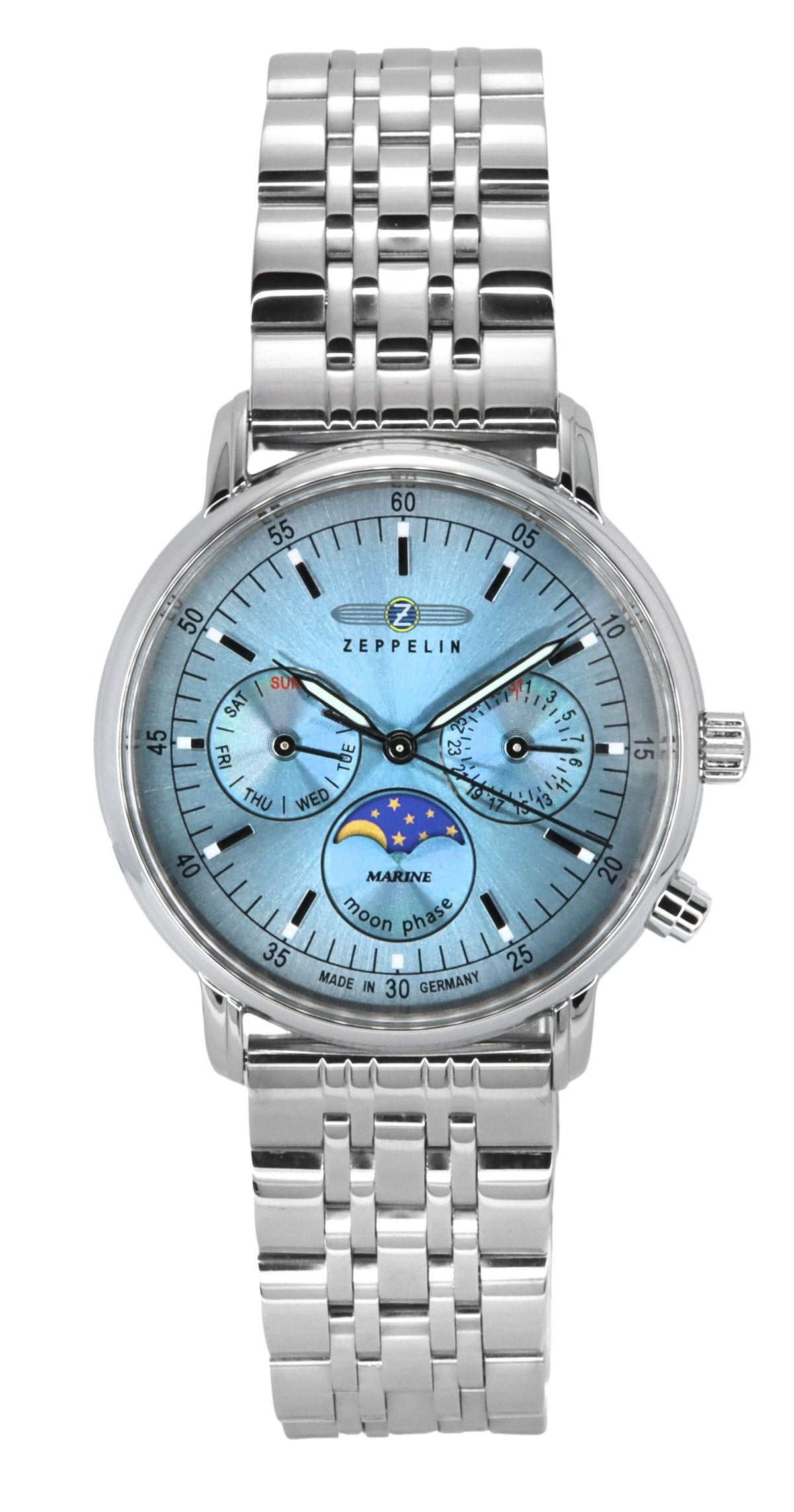 Zeppelin LZ14 Marine Moonphase Stainless Steel Ice Blue Dial Quartz 8637M3 Women's Watch
